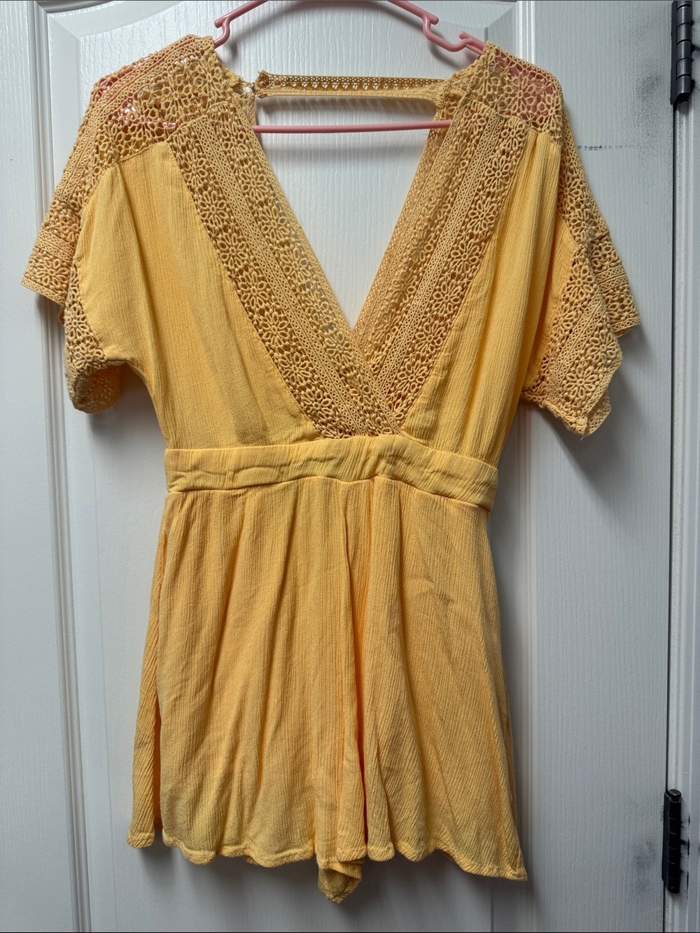 Pretty  Yellow Crochet Trim Romper